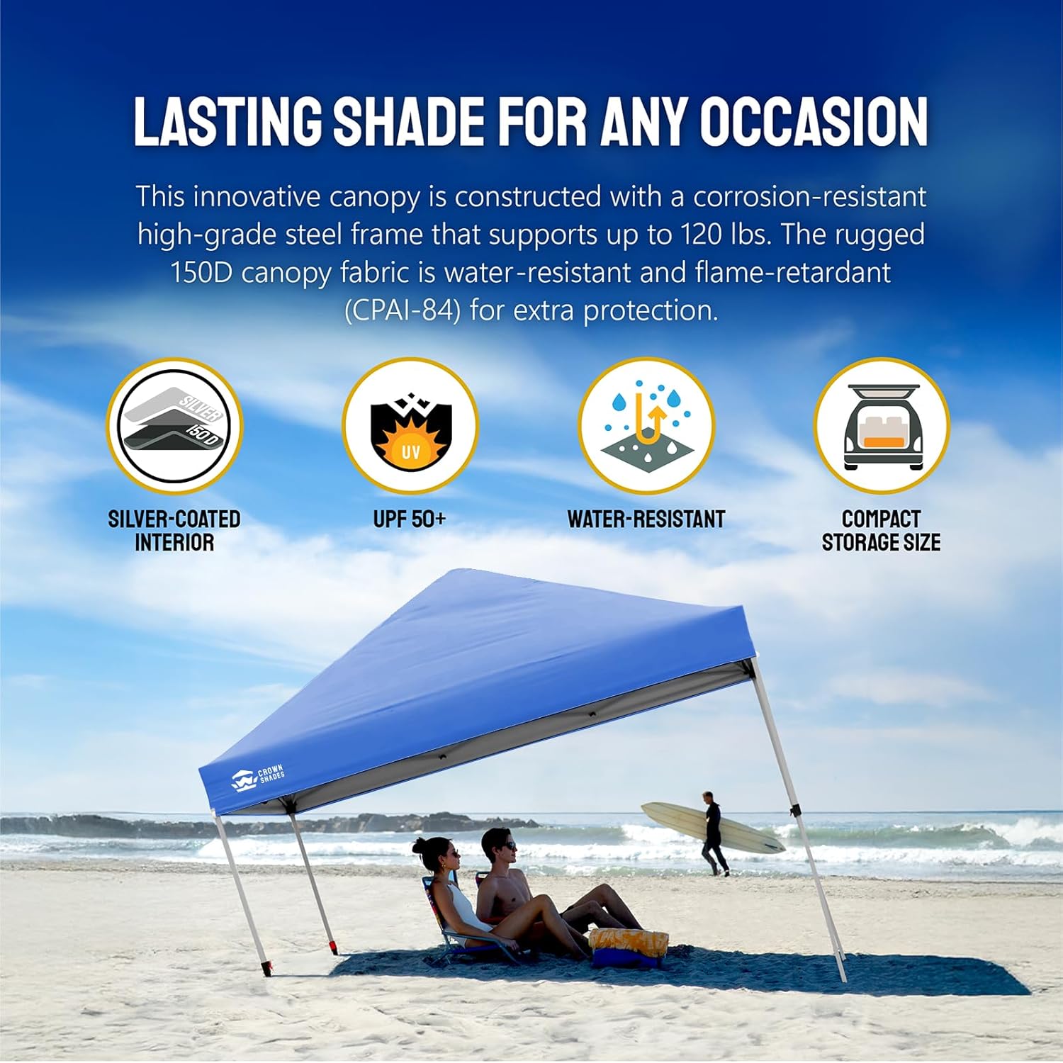 10x10 Pop-Up Awning - One-Click Installation Beach Tent - Outdoor Sunshade Silver Coated Top, 3 Heights and 4 Sand Pockets wourant