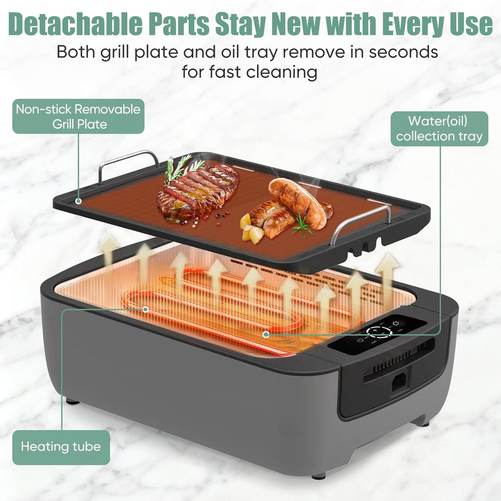 Smokeless Indoor Grill, Electric Indoor Grill for Korean BBQ with Dual-Turbo Smoke Extractor, LED Smart Display & Dual-Zone Nonstick Grill Plates, 6-Level Temp Control, Dishwasher Safe woonhhop