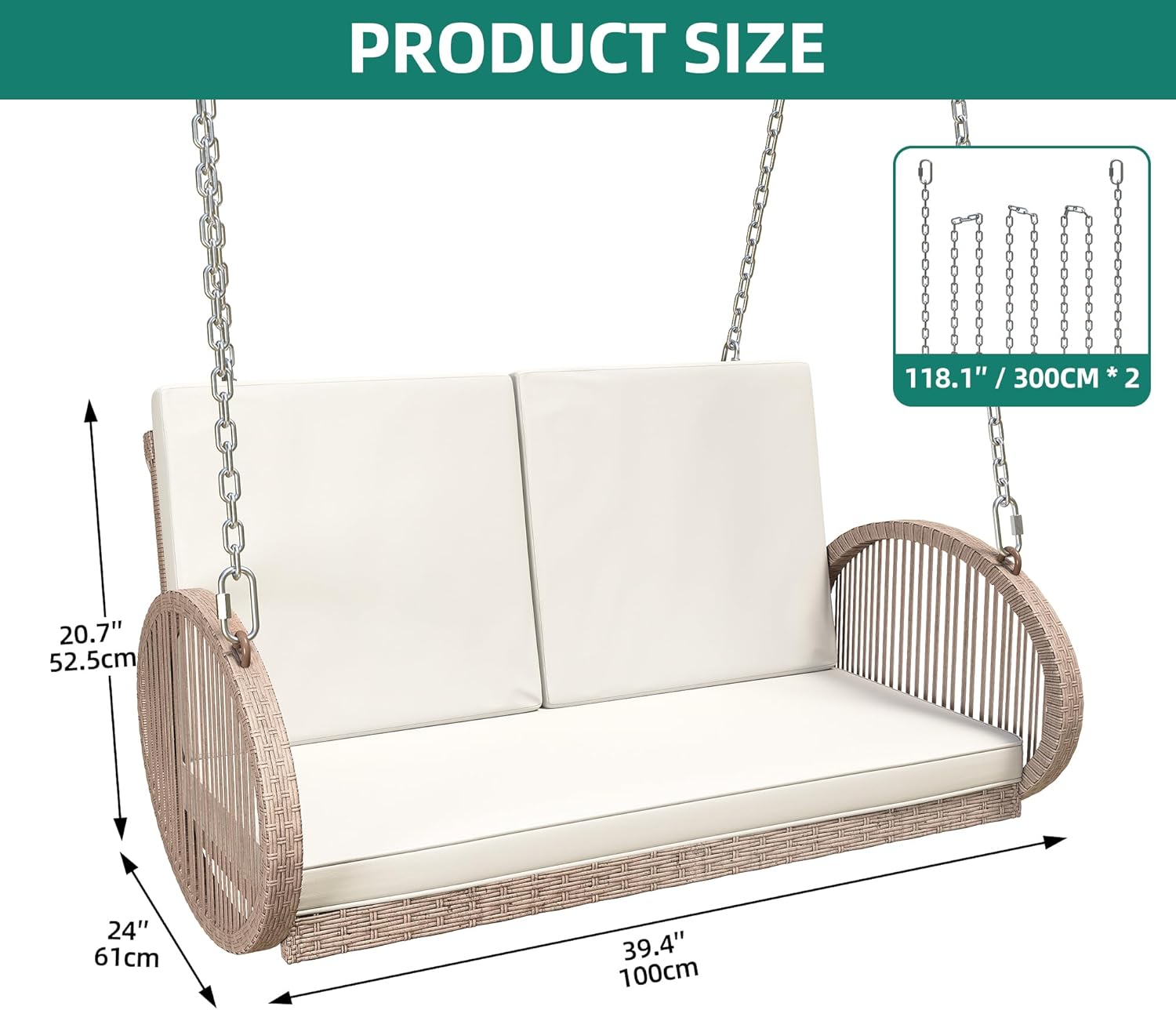 YITAHOME Hanging Porch Swing Chair Sits 3 People, Wicker Outdoor Swing Bench, Patio Lounge Chair, 1 Seating Cushion and 3 Back Cushions, w/Removable Covers, for Garden, Balcony, Backyard, Brown wourant