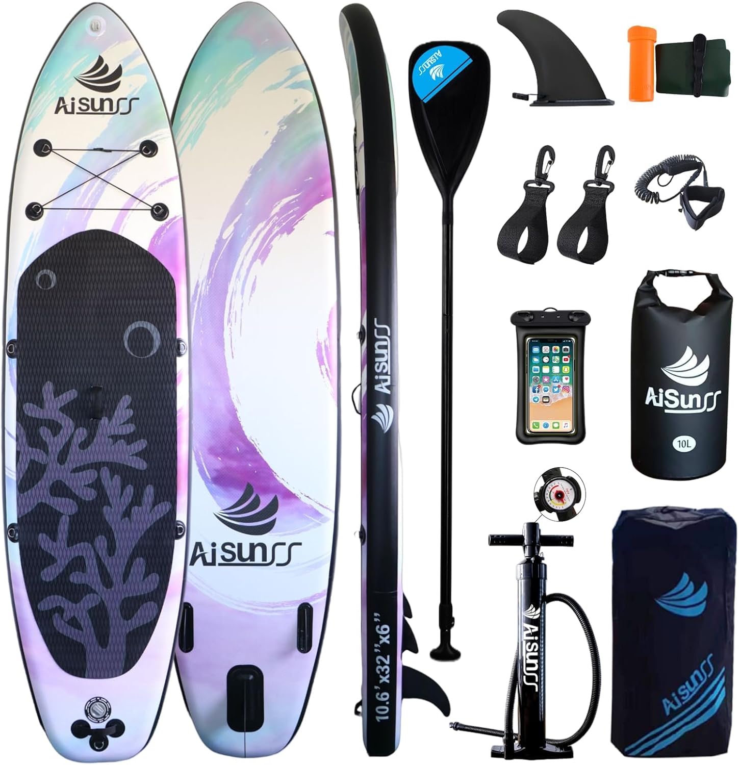 Inflatable wide SUP board with SUP carrying bag, hand pump, 10L waterproof bag and adjustable paddle wourant