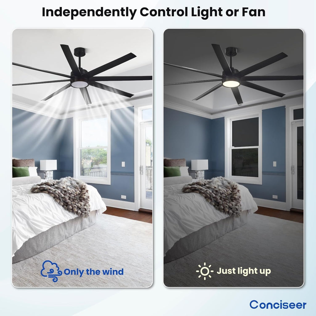Modern Ceiling Fans with Lights, 72 Inch Ceiling Fan with Light and Remote, Bedroom Living Room Library Cafe Outdoor/Industrial,24W 3CCT Dimmable, 8 Blades 6 Speed Reversible Quiet DC Motor, Black wourant