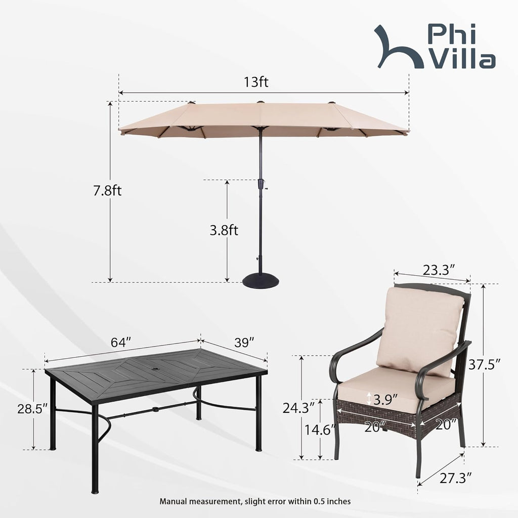 PHI VILLA 6-Piece Outdoor Dining Sets, All-Weather Patio Table and Chairs Set with Umbrella for 4, Heavy Duty Patio Round Table Set for Deck, 4 Extra Large Outdoor Swivel Chairs with Thick Cushions wourant