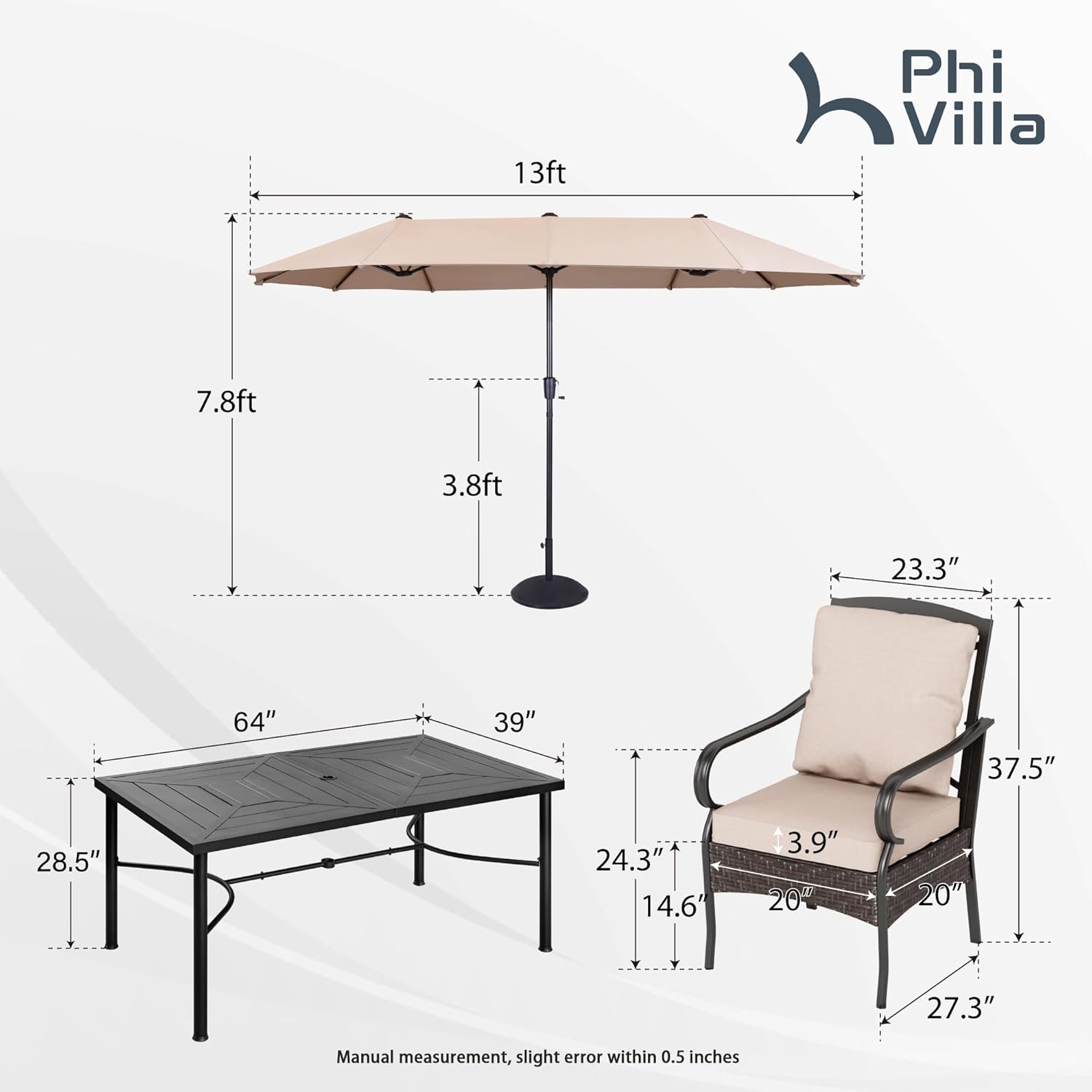 PHI VILLA 6-Piece Outdoor Dining Sets, All-Weather Patio Table and Chairs Set with Umbrella for 4, Heavy Duty Patio Round Table Set for Deck, 4 Extra Large Outdoor Swivel Chairs with Thick Cushions wourant