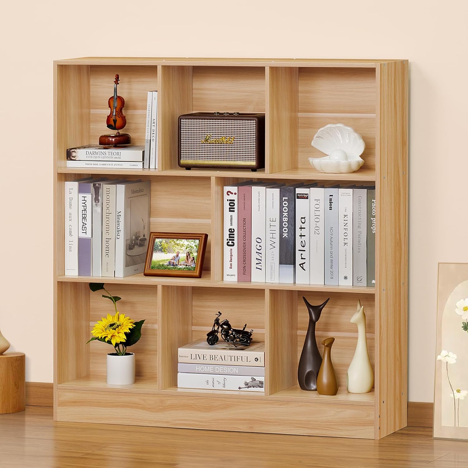 LEYAOYAO Wooden 7 Cube Book Shelf Natural Bookshelf Legs Modern Open Storage Organizer wourant