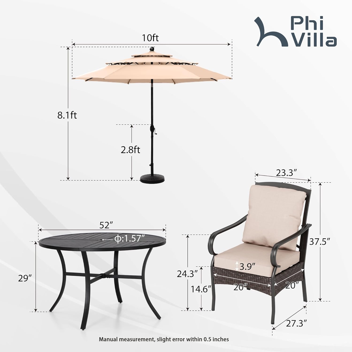 PHI VILLA 6-Piece Outdoor Dining Sets, All-Weather Patio Table and Chairs Set with Umbrella for 4, Heavy Duty Patio Round Table Set for Deck, 4 Extra Large Outdoor Swivel Chairs with Thick Cushions wourant