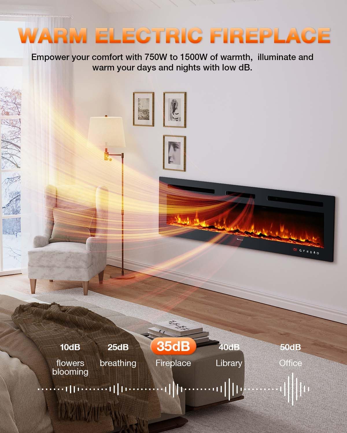 Electric Fireplace 60Inch,Wall Mounted Electric Fireplace Heater with Timer Inserts，TV Stand Touch Screen and Realistic Flame,Log Set,Crystal Flames 750 to 1500W，Remote for Living Room wourant