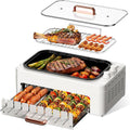 4-in-1 Electric Indoor Grill Smokeless for Home,Countertop Electric Grill with Removable Sizzling Grill Pan & Grate + Auto Rotating Kabob Skewers + Electric Hot Dog Roller Dual Zone Cook with Lid woonhhop