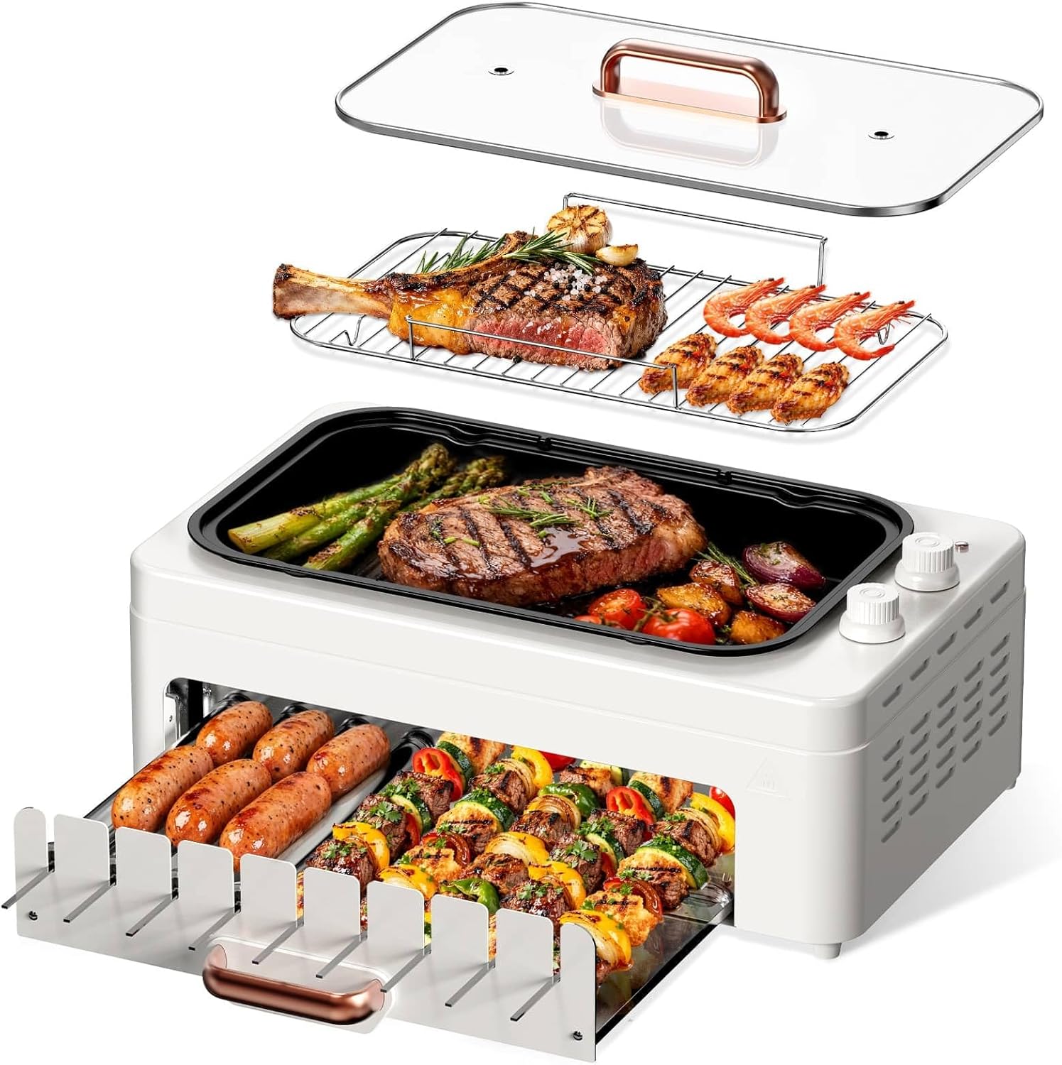 4-in-1 Electric Indoor Grill Smokeless for Home,Countertop Electric Grill with Removable Sizzling Grill Pan & Grate + Auto Rotating Kabob Skewers + Electric Hot Dog Roller Dual Zone Cook with Lid woonhhop