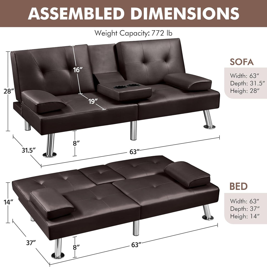 Yaheetech Convertible Sofa Bed Adjustable Couch Sleeper Modern Faux Leather Home Recliner Reversible Loveseat Folding Daybed Guest Bed, Removable Armrests, Cup Holders, 3 Angles, 772lb Capacity, Brown wourant