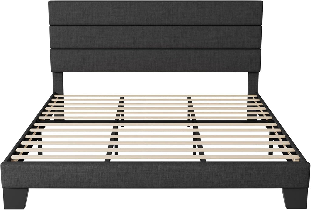 Allewie Queen Size Platform Bed Frame Fabric Upholstered Headboard Wooden Slats Support wourant