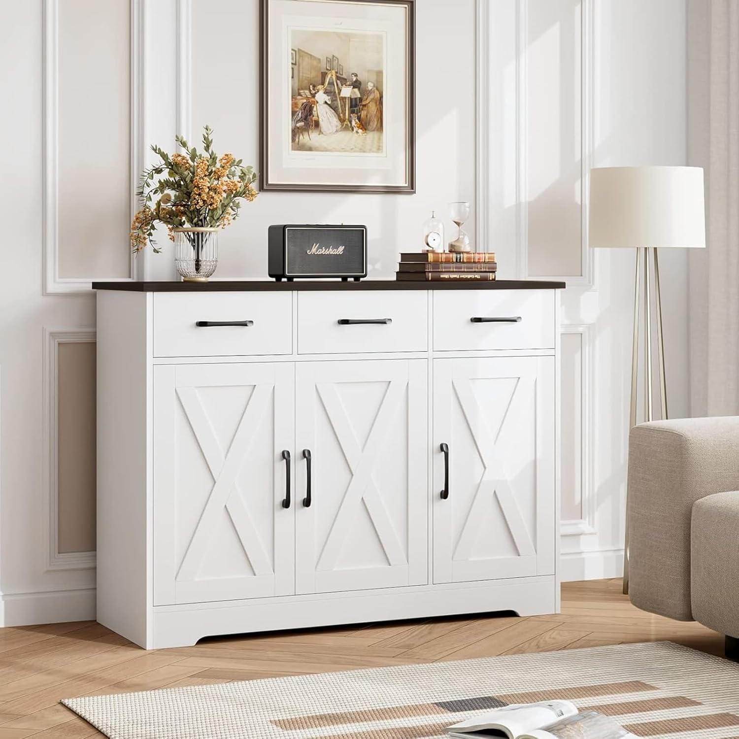 Modern farmhouse sideboard, barn door buffet storage cabinet with drawers and shelves, wooden coffee bar with storage wourant