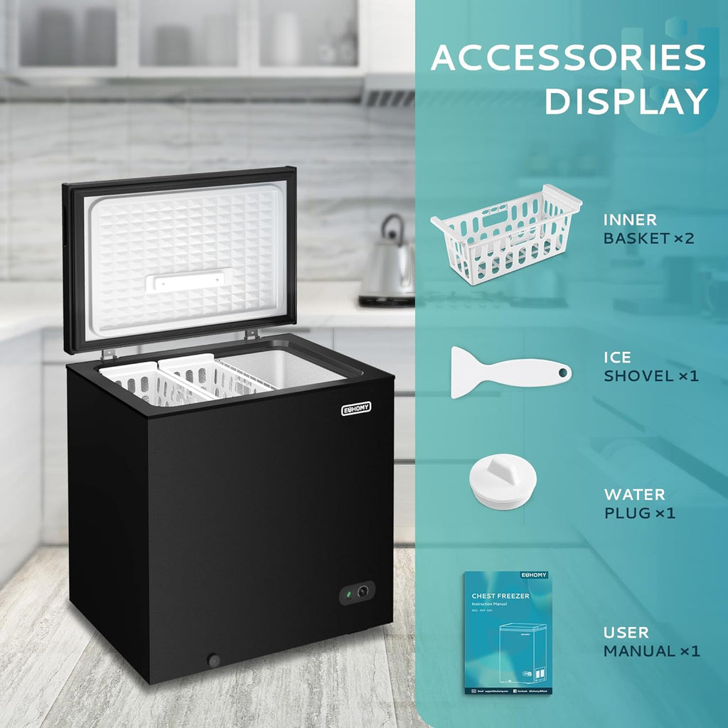 EUHOMY 3.5 Cu.Ft Chest Freezer with Removable Basket, Small Deep Freezer Adjustable 7 Thermostat, Quiet Mini Freezer Free-Standing Top Door, Energy Saving for Apartment/Garage/Basement/Dorm/Home,Black wourant