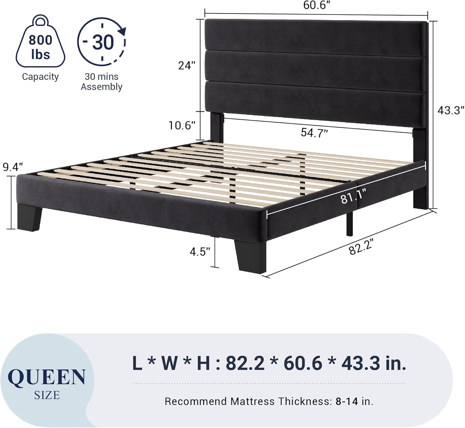 Allewie Queen Size Platform Bed Frame Fabric Upholstered Headboard Wooden Slats Support wourant