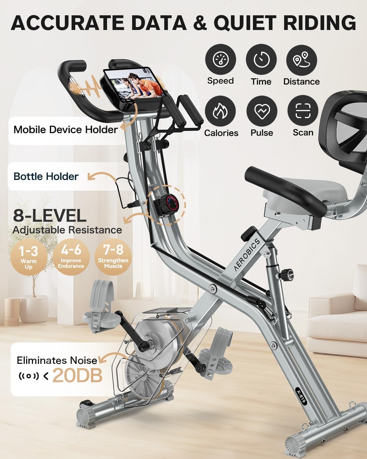 pooboo Folding Exercise Bike, Foldable Fitness Stationary Bike Machine, Upright Indoor Cycling Bike, Magnetic X-Bike with 8-Level Adjustable Resistance, Bottle Holder & Back Support Cushion for Home Gym Workout wourant