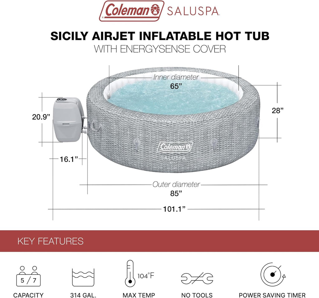SaluSpa Sicily AirJet 7 Person Inflatable Hot Tub Round Portable Outdoor Spa with 180 Soothing AirJets and Insulated Cover, Gray wourant