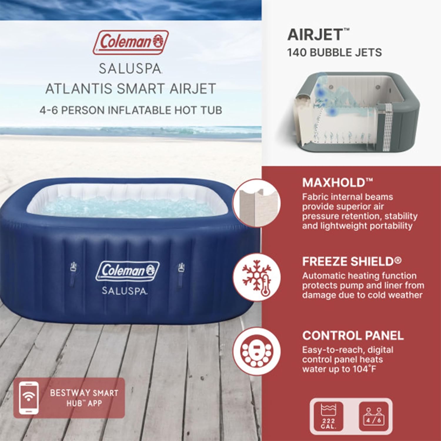 Coleman SaluSpa Atlantis AirJet 4 to 6 Person Inflatable Hot Tub Square Portable Outdoor Spa with 140 Soothing Jets with Cover, Blue wourant