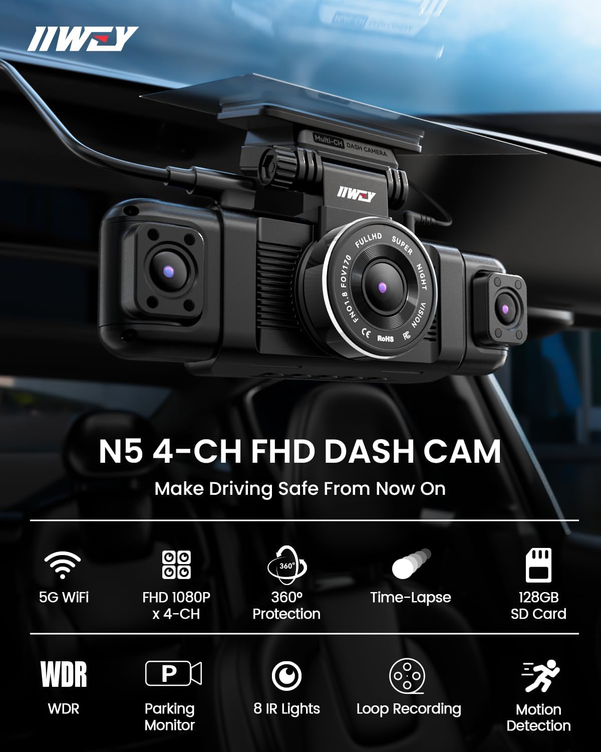 Channel Dash Cam 360° View, 1080P Front and Rear Interior, Car Left and Right Dash Cam, 8 Infrared Lights Night Vision, 5G WiFi and APP Control, G Sensor, Parking Mode, with Free 128GB SD Card wourant