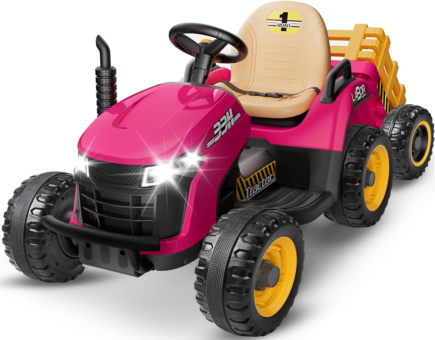 24V Ride On Tractor w/Tiltable & Detachable Trailer, 2x65W Motors, EVA Tires, Remote Control, Bluetooth, Shifter, Music, Electric Car for Kids, Green wourant