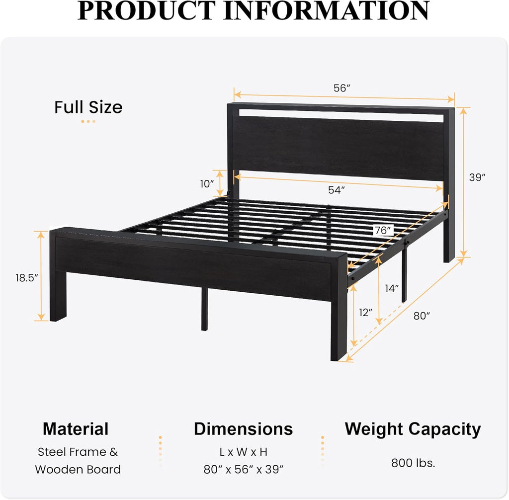 SHA CERLIN 14 Inch Full Size Metal Platform Bed Frame with Wooden Headboard and Footboard wourant