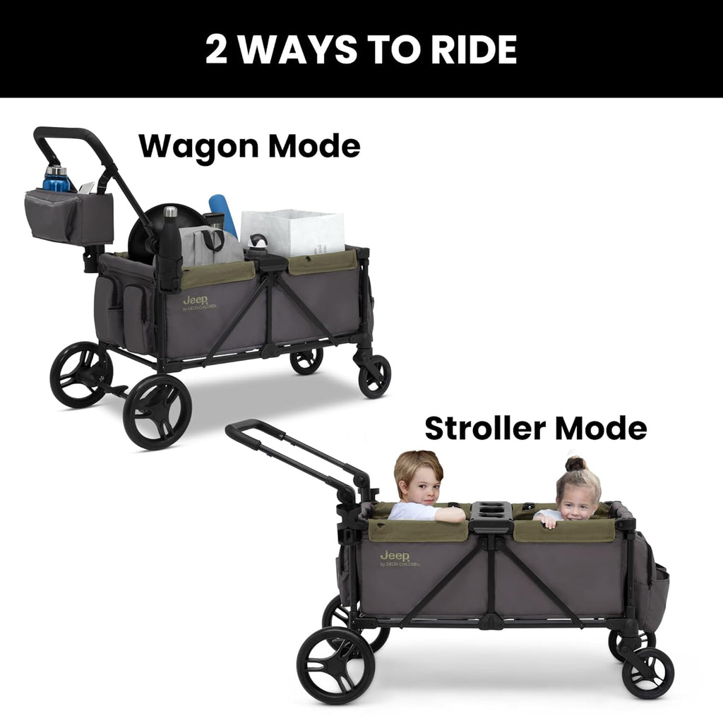 Jeep Sport All-Terrain Stroller Wagon by Delta Children - Includes Canopy, Parent Organizer, Adjustable Handlebar, Snack Tray & Cup Holders, Grey/Olive Green wourant