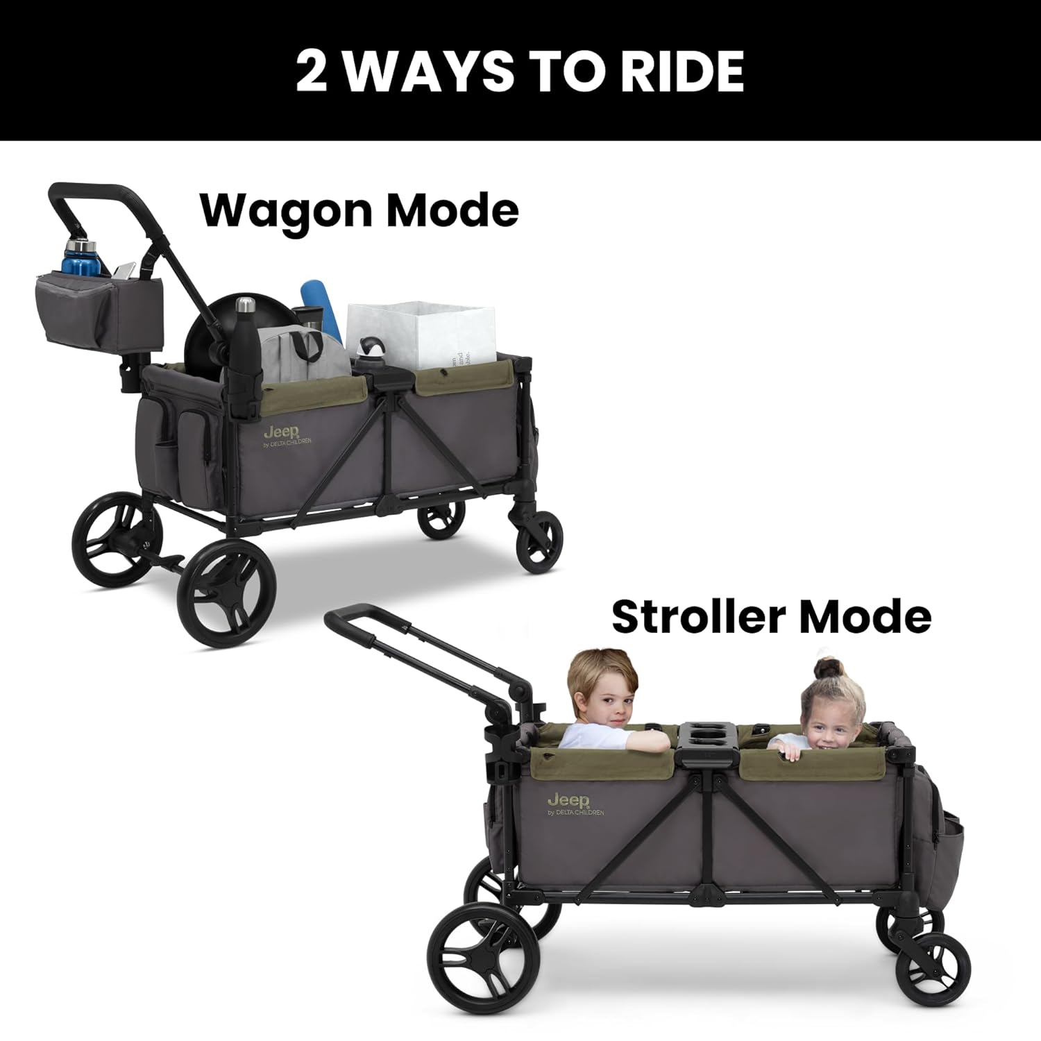 Jeep Sport All-Terrain Stroller Wagon by Delta Children - Includes Canopy, Parent Organizer, Adjustable Handlebar, Snack Tray & Cup Holders, Grey/Olive Green wourant