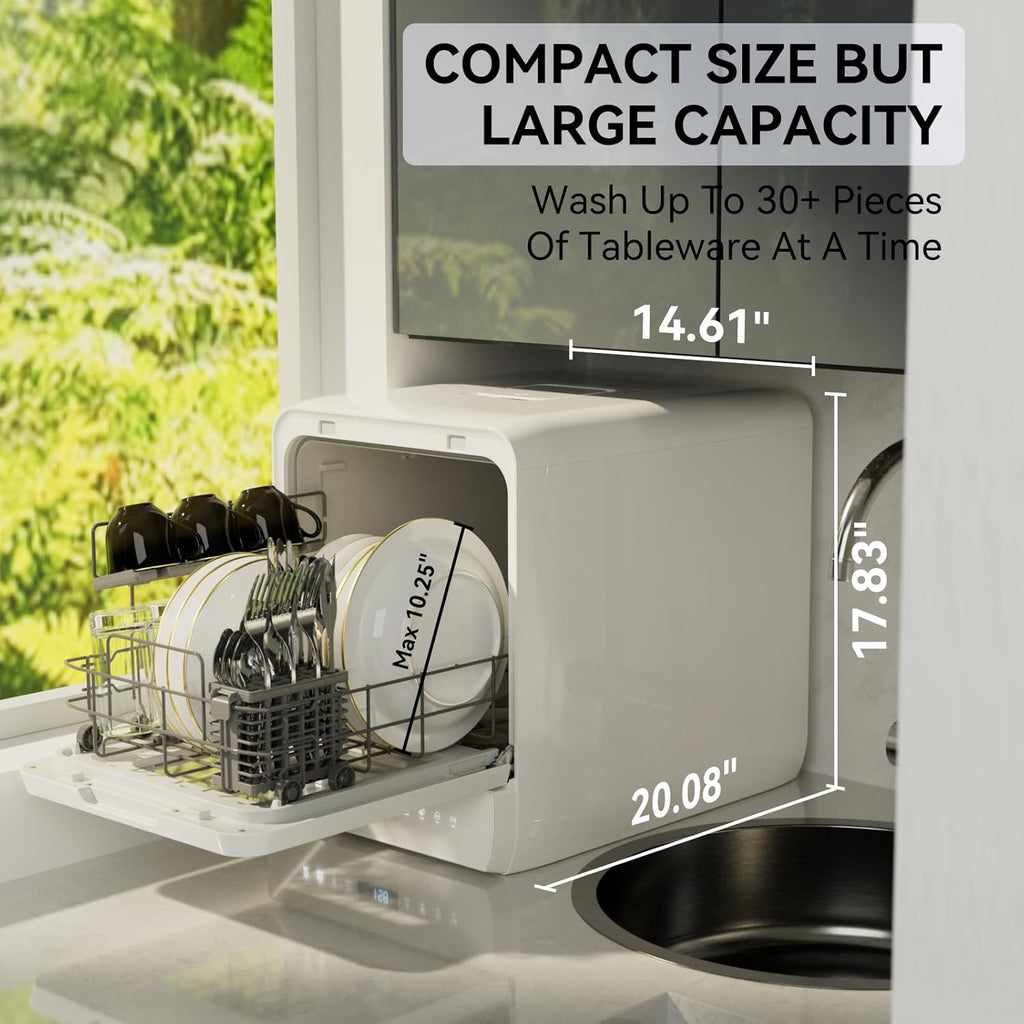 Hermitlux Countertop Dishwasher, 7 Washing Programs Portable Mini Dishwasher with 5-Liter Built-in Water Tank for Apartments & RVs, LED Light, Glass Door, No Hookup Needed wourant