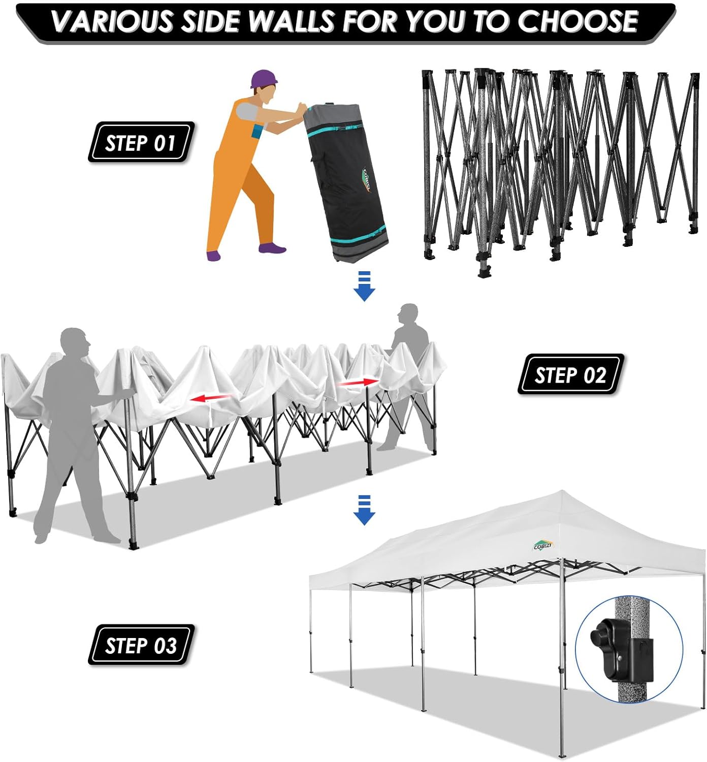 COBIZI 10x20 Heavy Duty Pop up Canopy Tent with 6 sidewalls Easy Up Commercial Outdoor Canopy Wedding Party Tents for Parties All Season Wind & Waterproof Gazebo with Roller Bag,Black(Frame Thickened) wourant