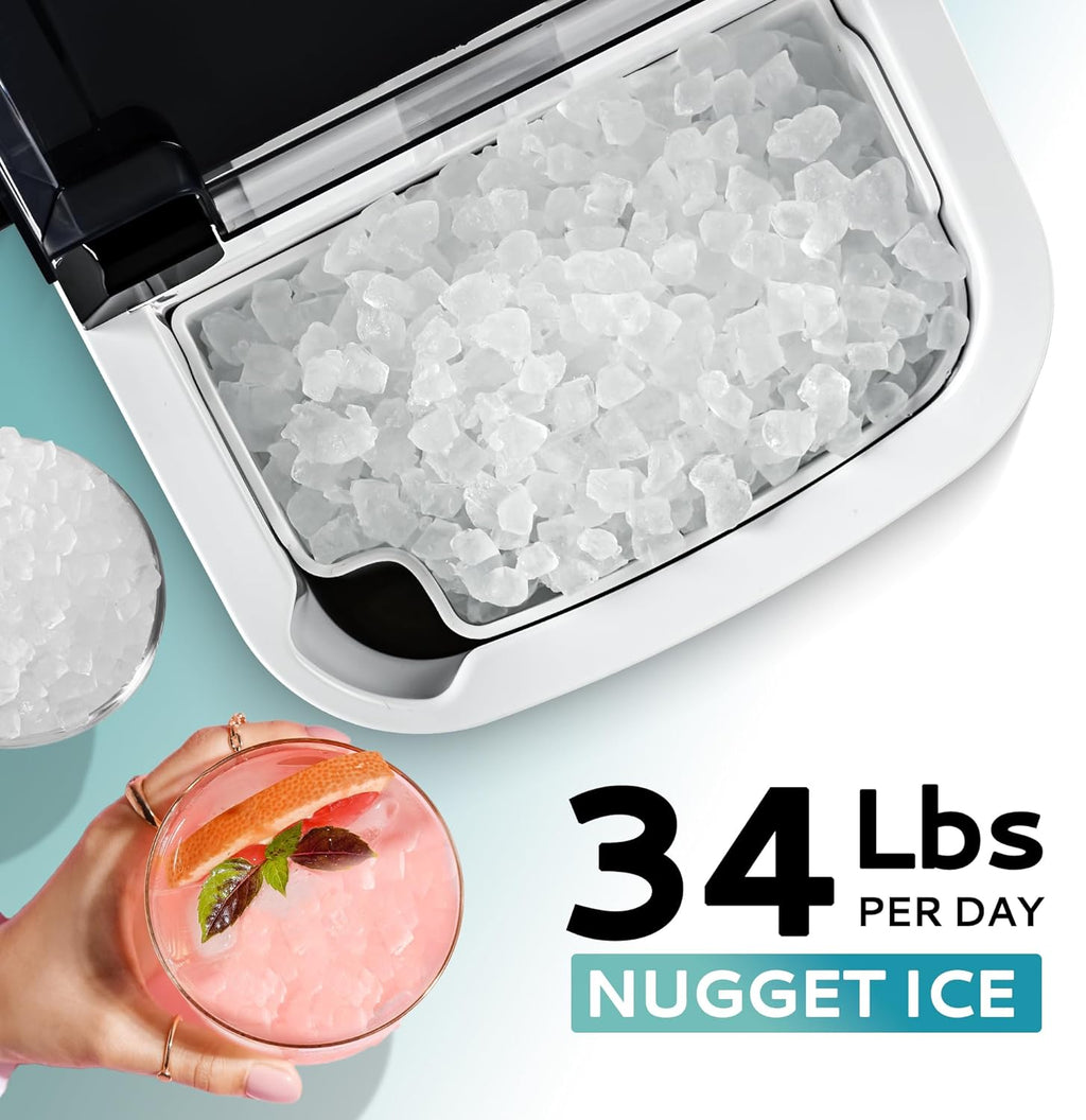 EUHOMY Nugget Ice Maker Countertop with Handle, Ready in 6 Mins, 34lbs Per Day, Removable Top Cover, Auto-Cleaning, Portable Sonic Ice Maker with Basket and Scoop, for Home/Party/RV/Camping (Black) wourant