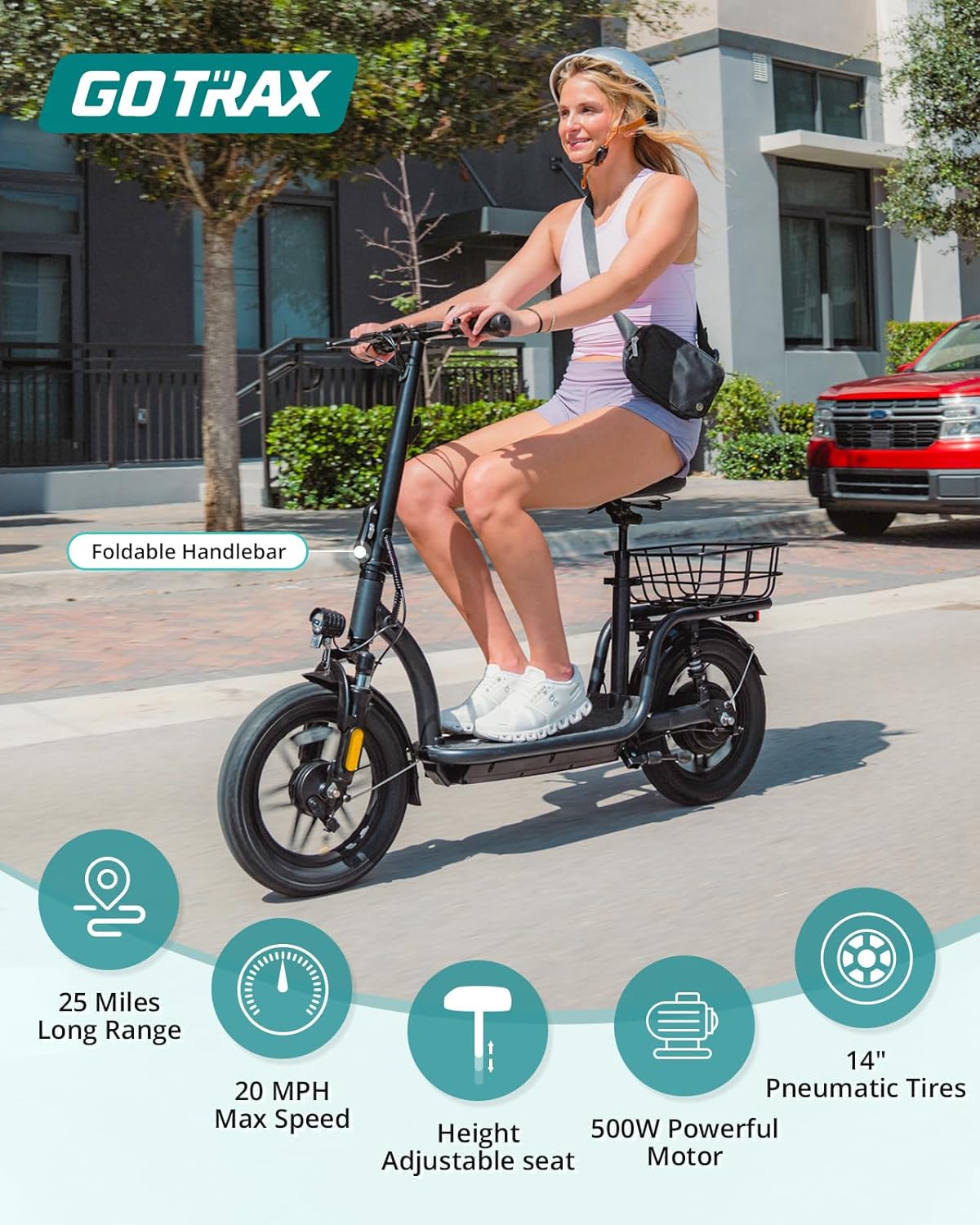 Gotrax adult electric scooter with seat, maximum range of 19-25 miles, all-terrain tires, wide pedals, padded seat, and carrycot wourant