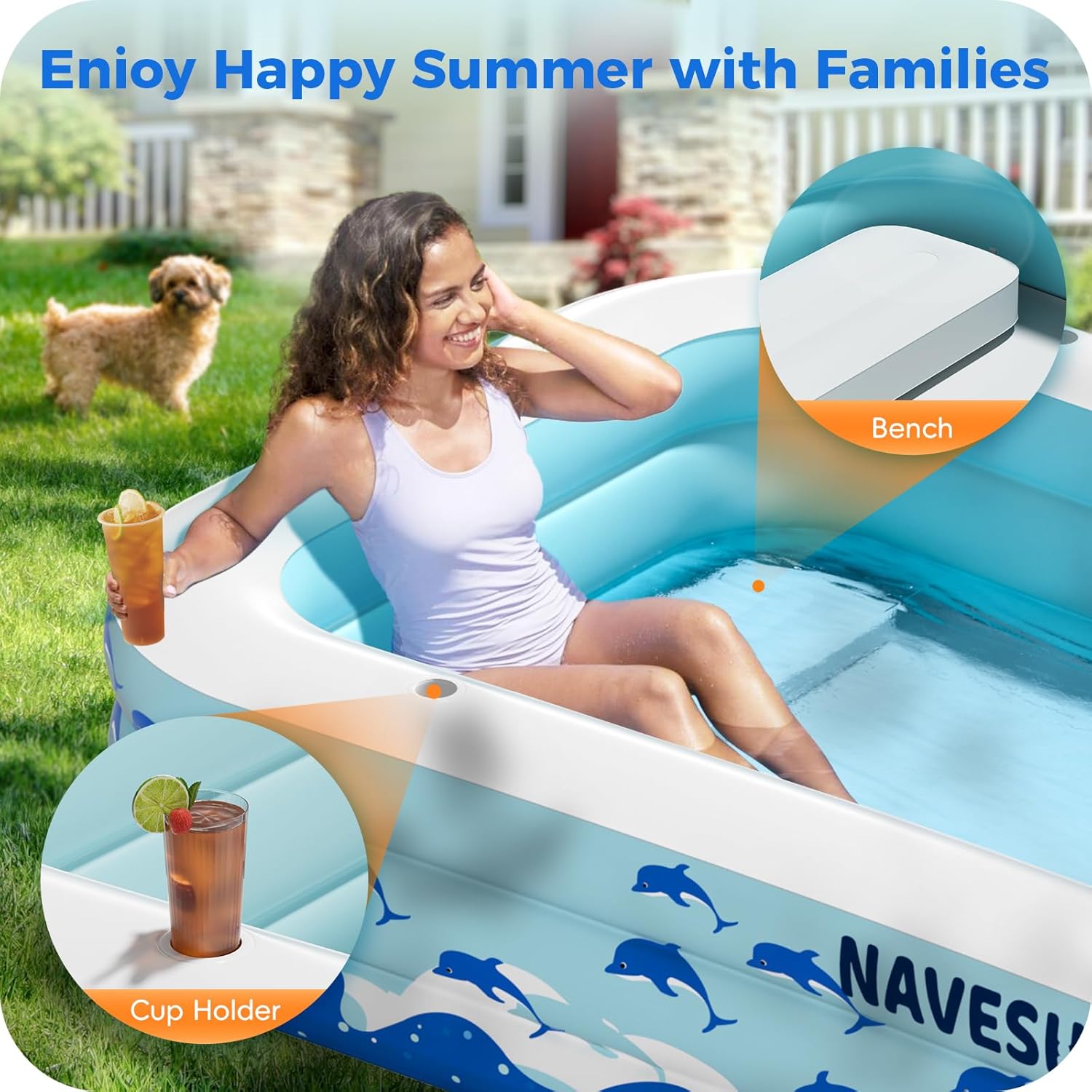 Inflatable Swimming Pool with Seats, 130" x 72" x 22" Full-Sized Durable PVC Thickened Above Ground Family Blow Up Pool for Outdoor Summer Water Party Backyard Garden Lawn wourant
