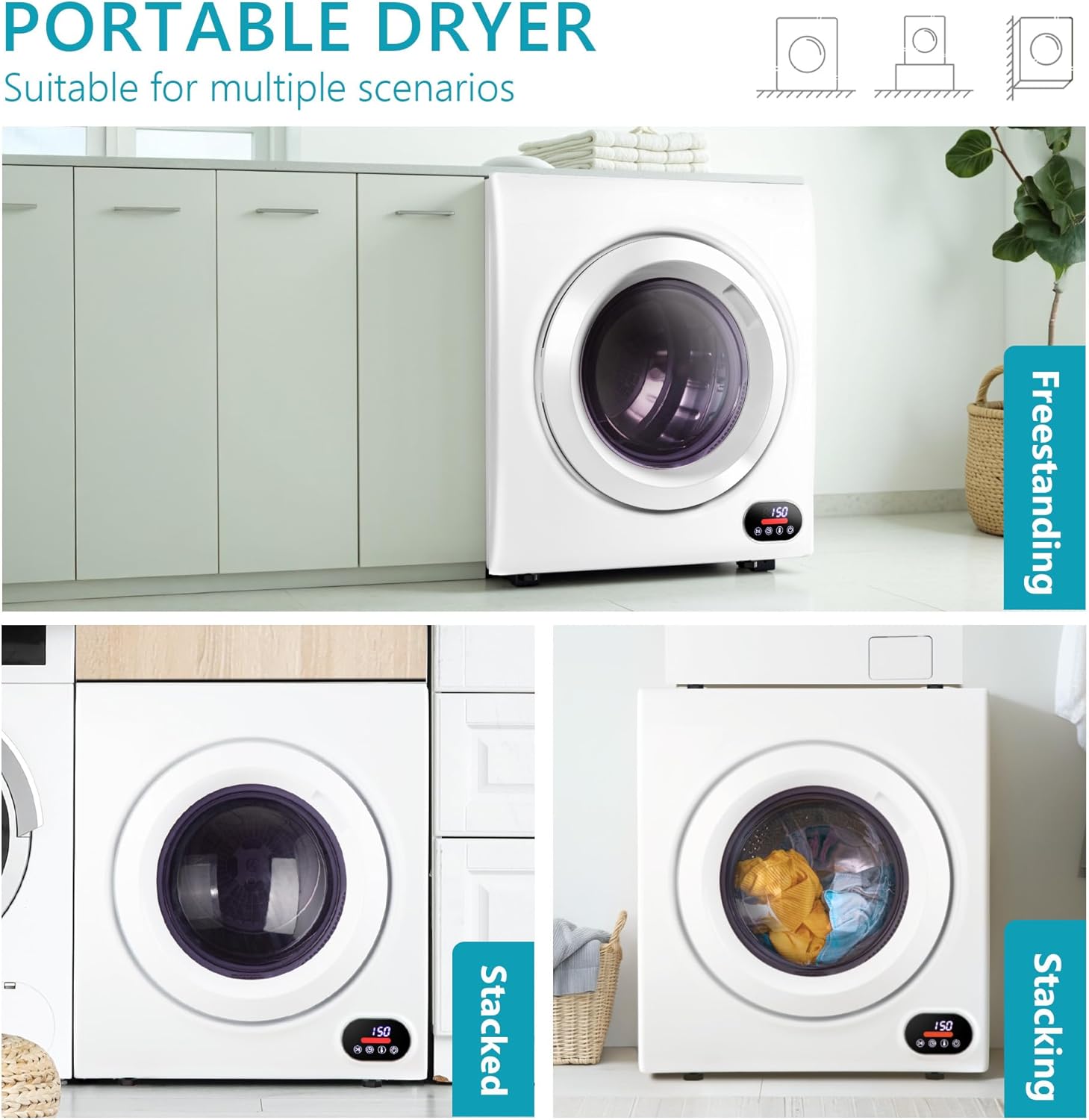Compact Laundry Dryer, 3.5 cu ft Front Load Stainless Steel Clothes Dryers With Exhaust Pipe, 1500W, LCD Control Panel Four-Function Portable Dryer For Apartments, Home, Dorm, White wourant