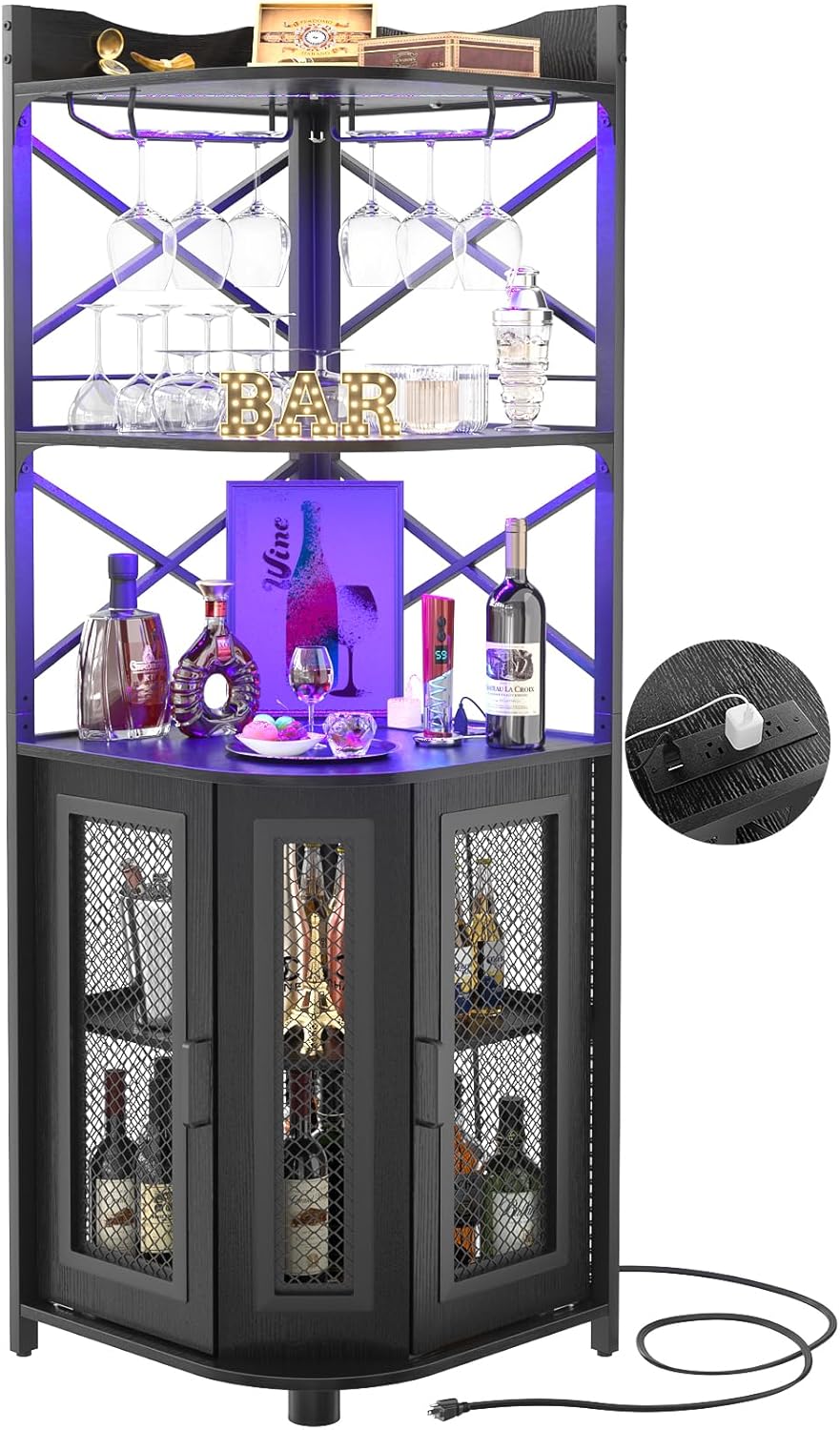 Corner bar cabinet with power socket, industrial style wine cabinet with LED light strip and glass rack, home five-layer wine cabinet bar unit, small space corner display cabinet wourant