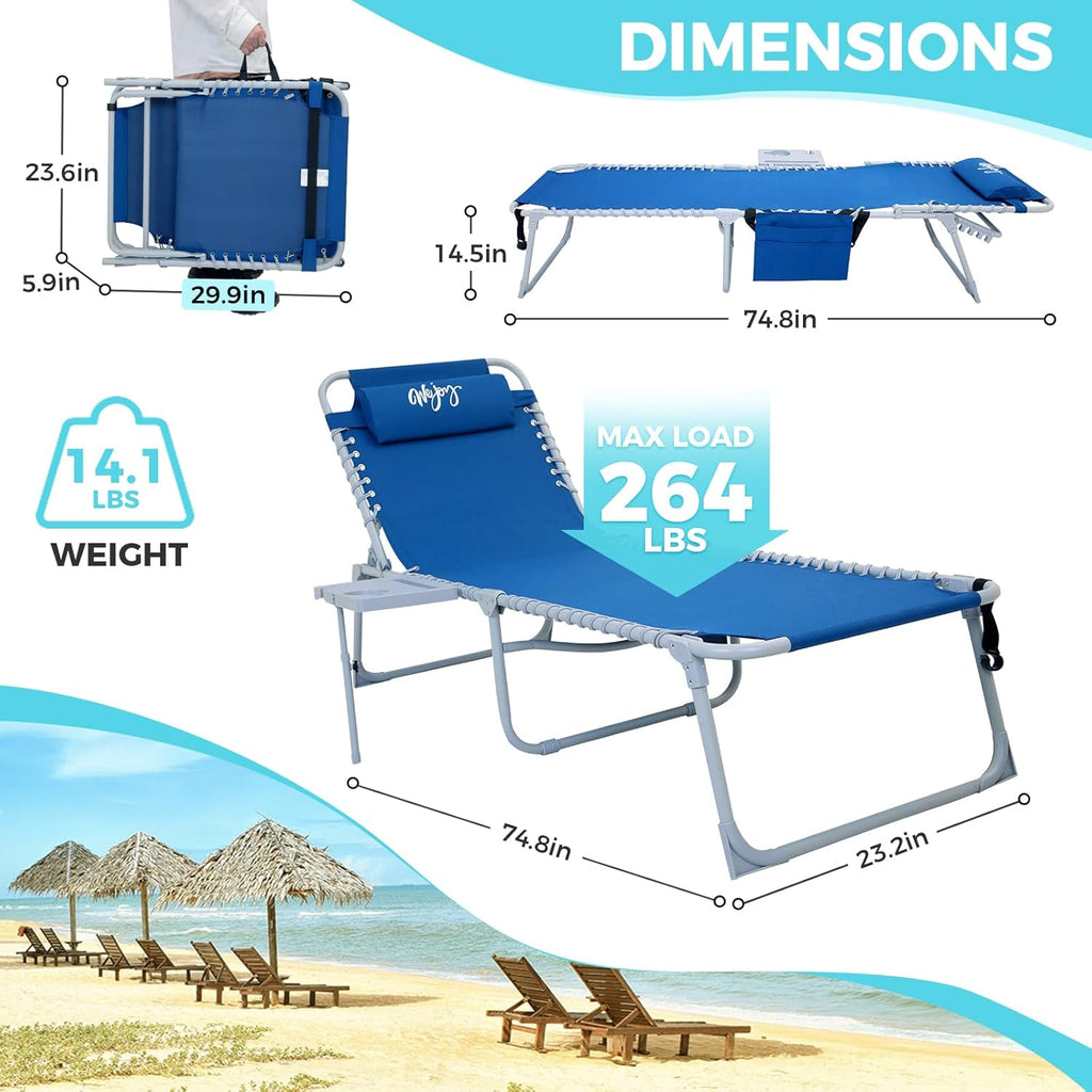 2 Pack Outdoor Chaise Lounge Chair - Portable Folding Patio Pool Lounge Chair, 5 Positions Adjustable Reclining Camping Chair with Side Table,Shoulder Strap, Pillow for Beach Sunbathing Lawn wourant