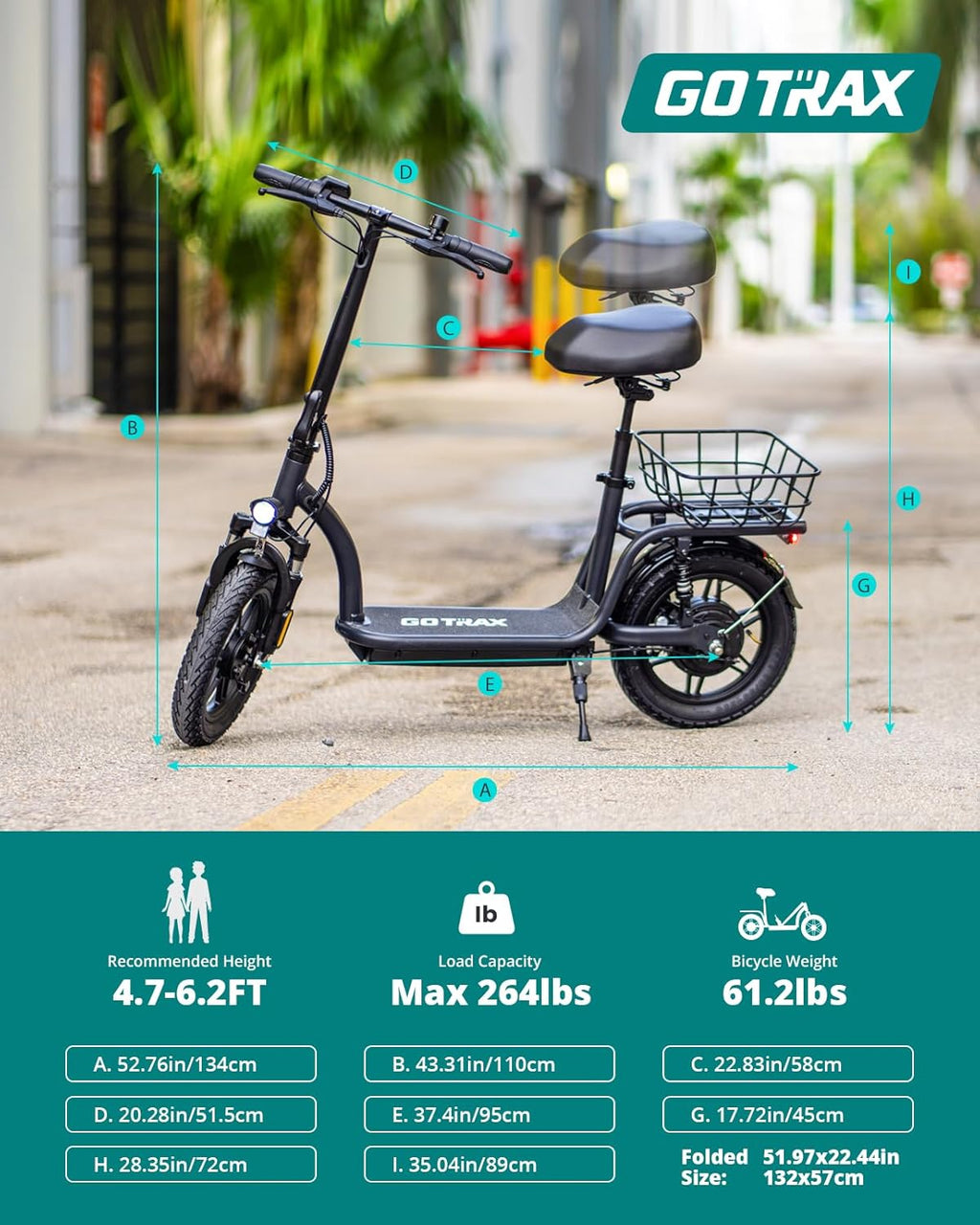 Gotrax adult electric scooter with seat, maximum range of 19-25 miles, all-terrain tires, wide pedals, padded seat, and carrycot wourant