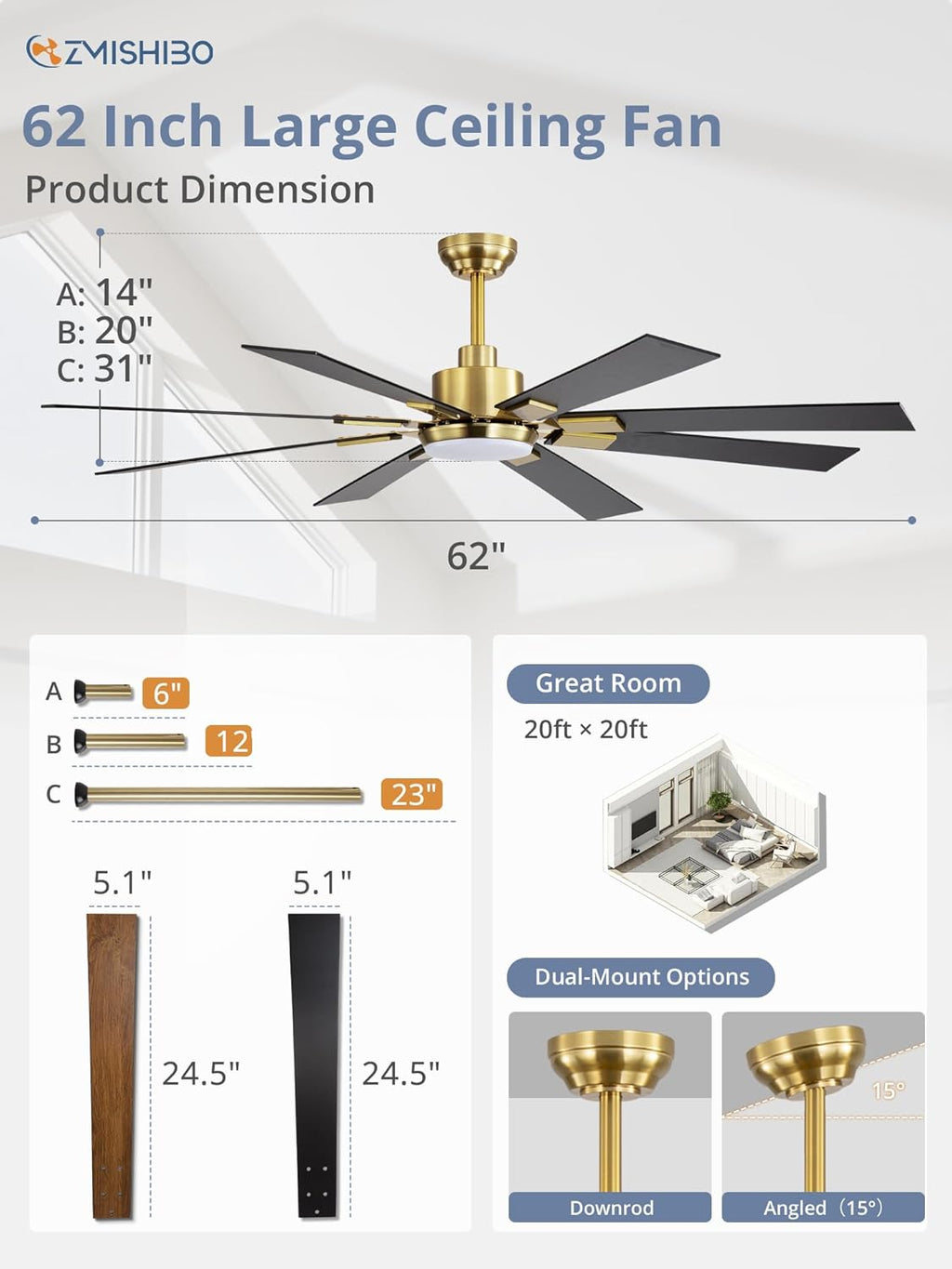 ZMISHIBO 72 inch Large Ceiling Fans with Lights and Remote, Indoor/Outdoor Black Modern Ceiling Fan for Kitchen Living Room Patio, 6 Speed Reversible Quiet DC Motor, 3 CCT, Dual Finish 8 Blades wourant