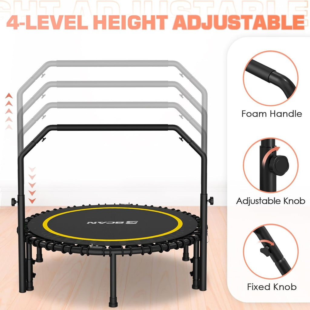 BCAN 450/550 LBS Foldable Mini Trampoline, 40"/48" Fitness Trampoline with Bungees, U Shape Adjustable Foam Handle, Stable & Quiet Exercise Rebounder for Adults Indoor/Outdoor Workout wourant