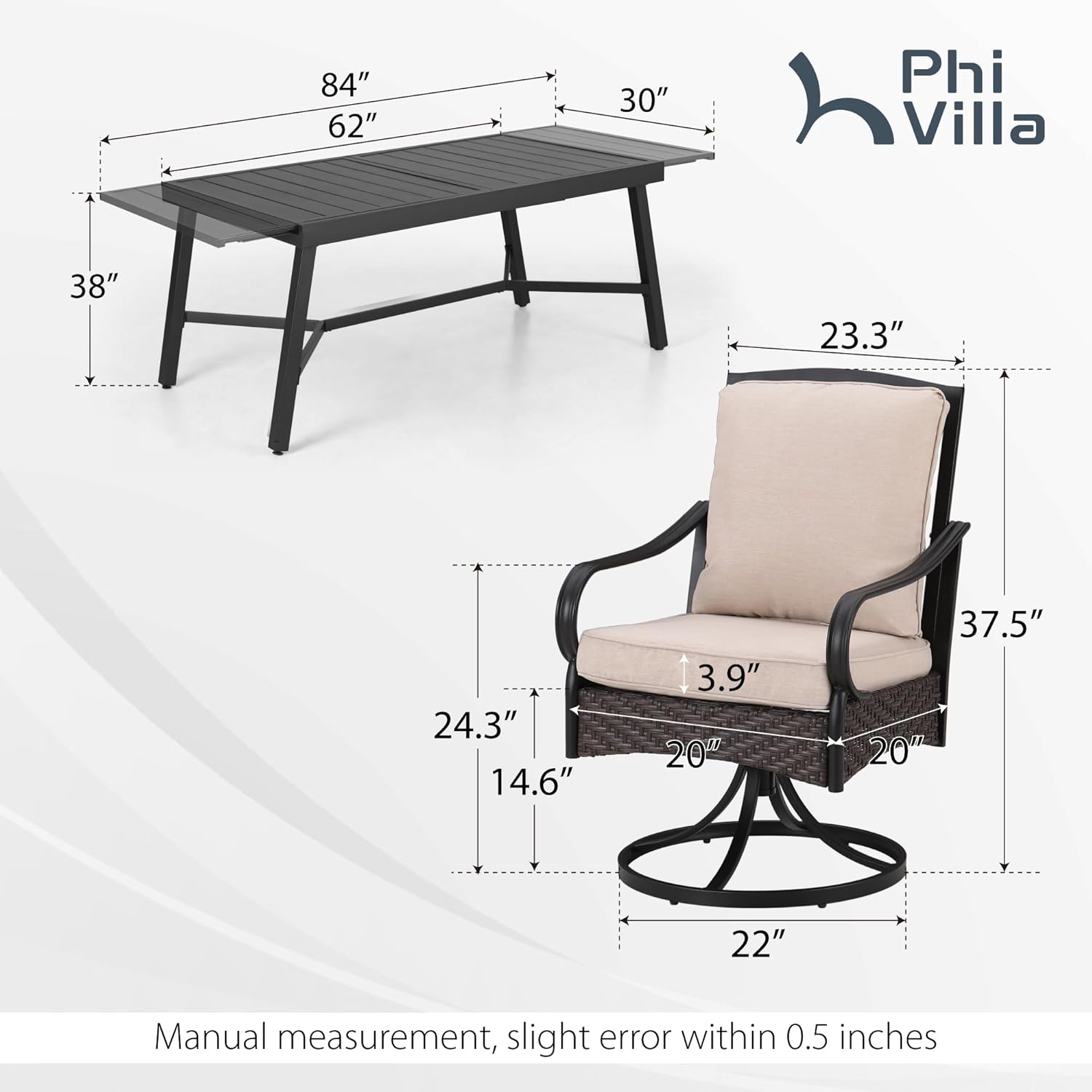 PHI VILLA 6-Piece Outdoor Dining Sets, All-Weather Patio Table and Chairs Set with Umbrella for 4, Heavy Duty Patio Round Table Set for Deck, 4 Extra Large Outdoor Swivel Chairs with Thick Cushions wourant