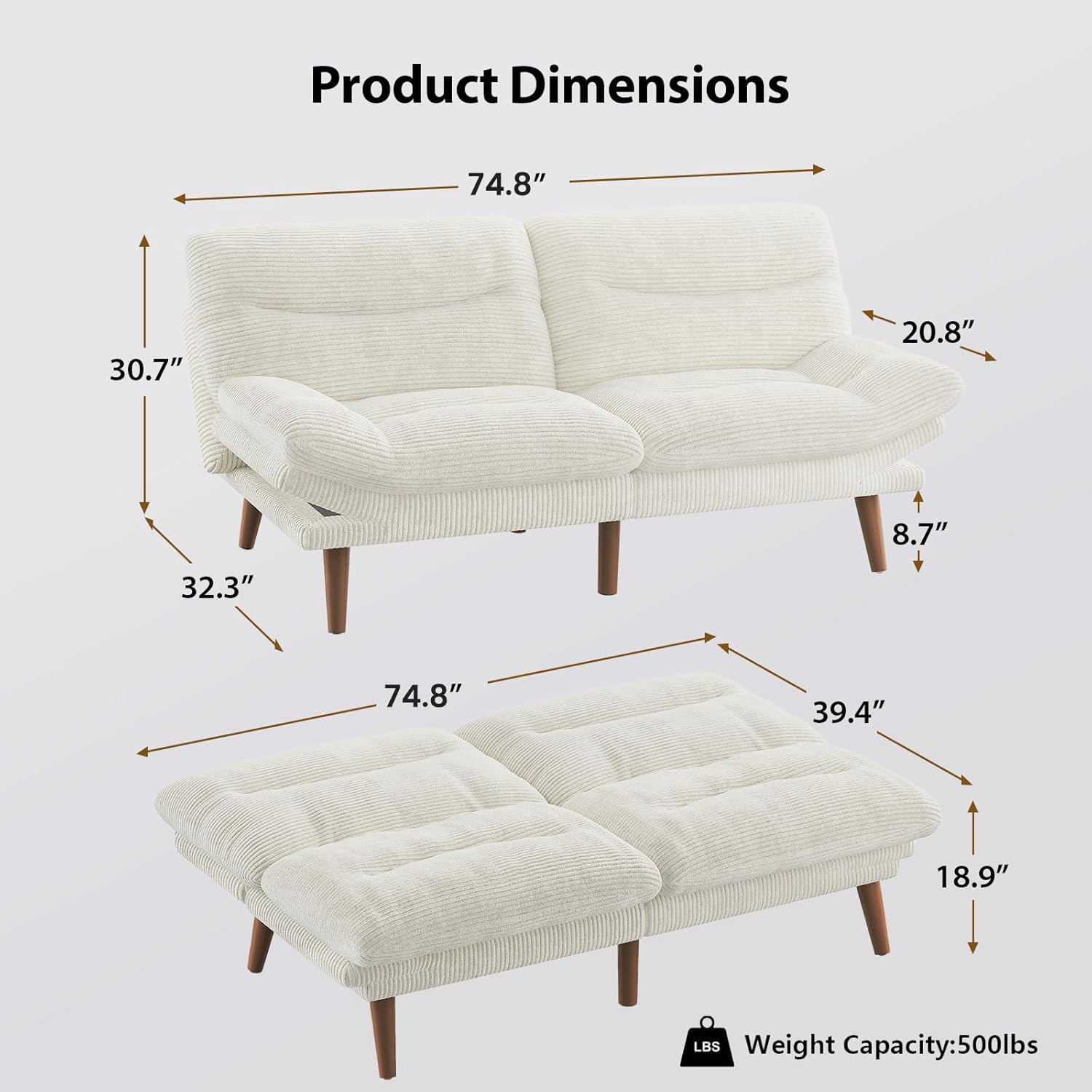 Pipishell Convertible Futon Sofa Bed,66" Corduroy Futon Couch with Adjustable Backrest and Armrests, Recliner Sleeper Sofa for Small Spaces, Play Room or Office, Grey wourant