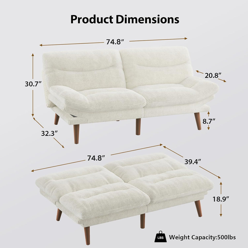 Convertible Futon Sofa Bed, 66 Inch Corduroy Futon Sofa Recliner Sofa Bed for Small Spaces, Playrooms or Offices wourant