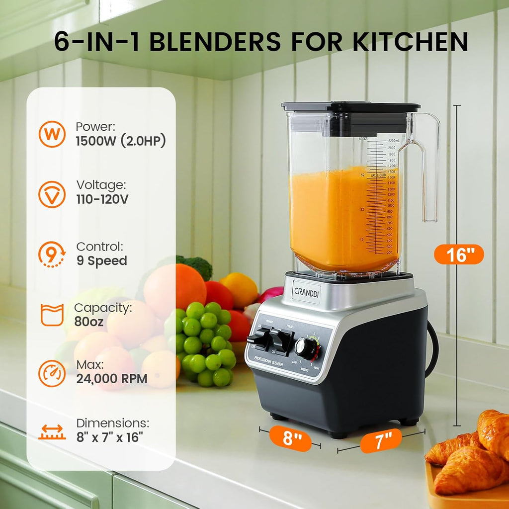 CRANDDI Professional Commercial Blender, Max 1500W, 80oz Pitcher, Powerful Blender wourant