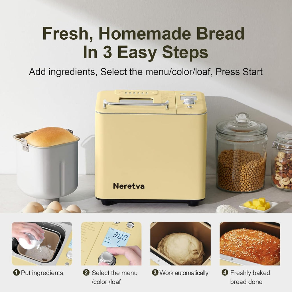 Neretva Bread Maker, 20-IN-1 2LB Bread Machine Dual Heater Bread Maker Machine Automatic with Nonstick Ceramic Pan, 15H Timer & 1H Keep Warm Set, Low Noise, Stainless Steel Breadmaker Recipe-Green wourant