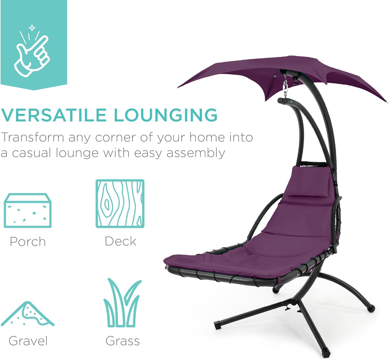 Best Choice Products Outdoor Hanging Curved Steel Chaise Lounge Chair Swing w/Built-in Pillow and Removable Canopy - Charcoal Gray wourant