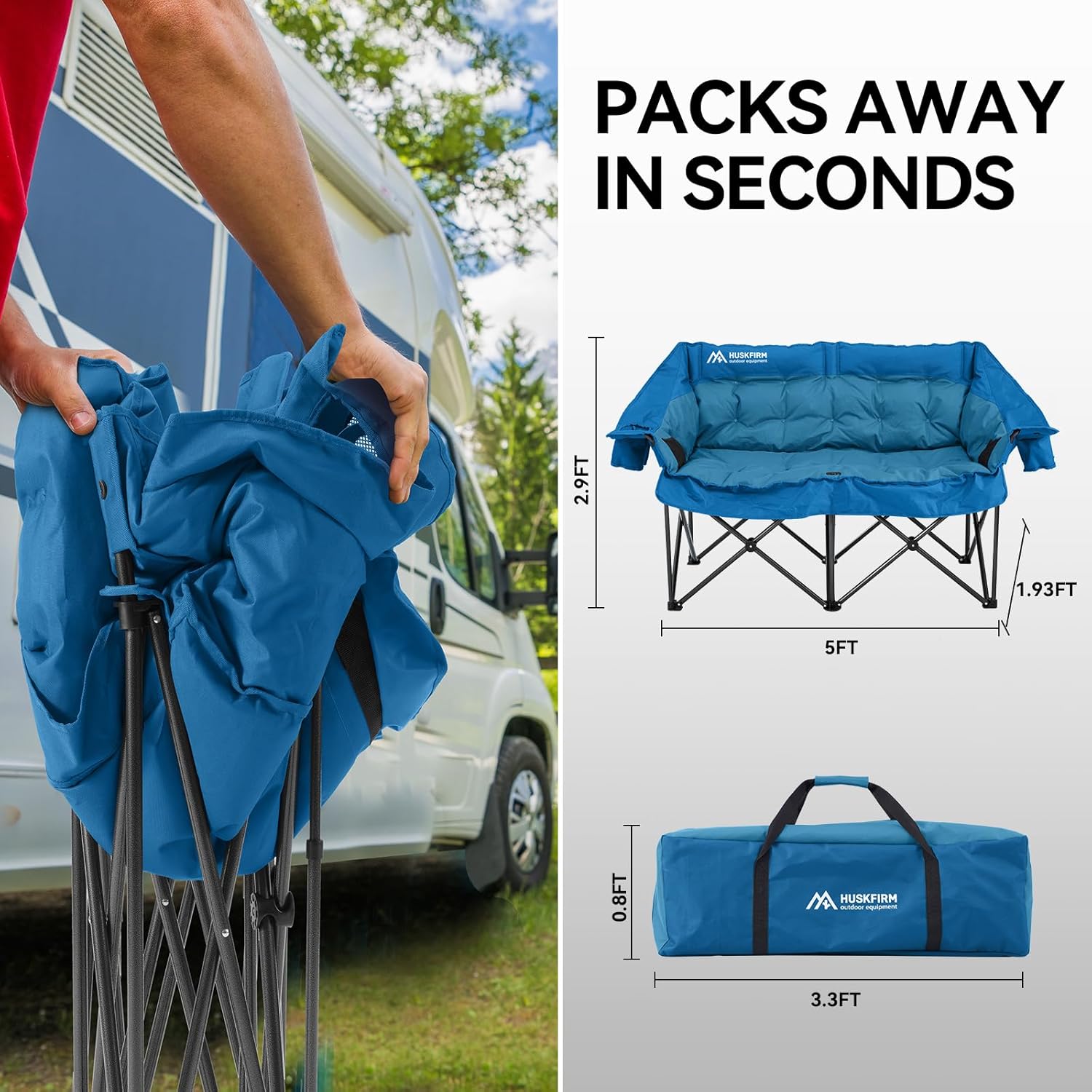 Double Camping Chairs Padded Loveseat Chair for 2 Person - Heavy Duty Oversized Camping Couch for Adults Outdoor Lawn Beach - Portable Folding Sofa with Cup Holders and Carry Bag, Grey wourant