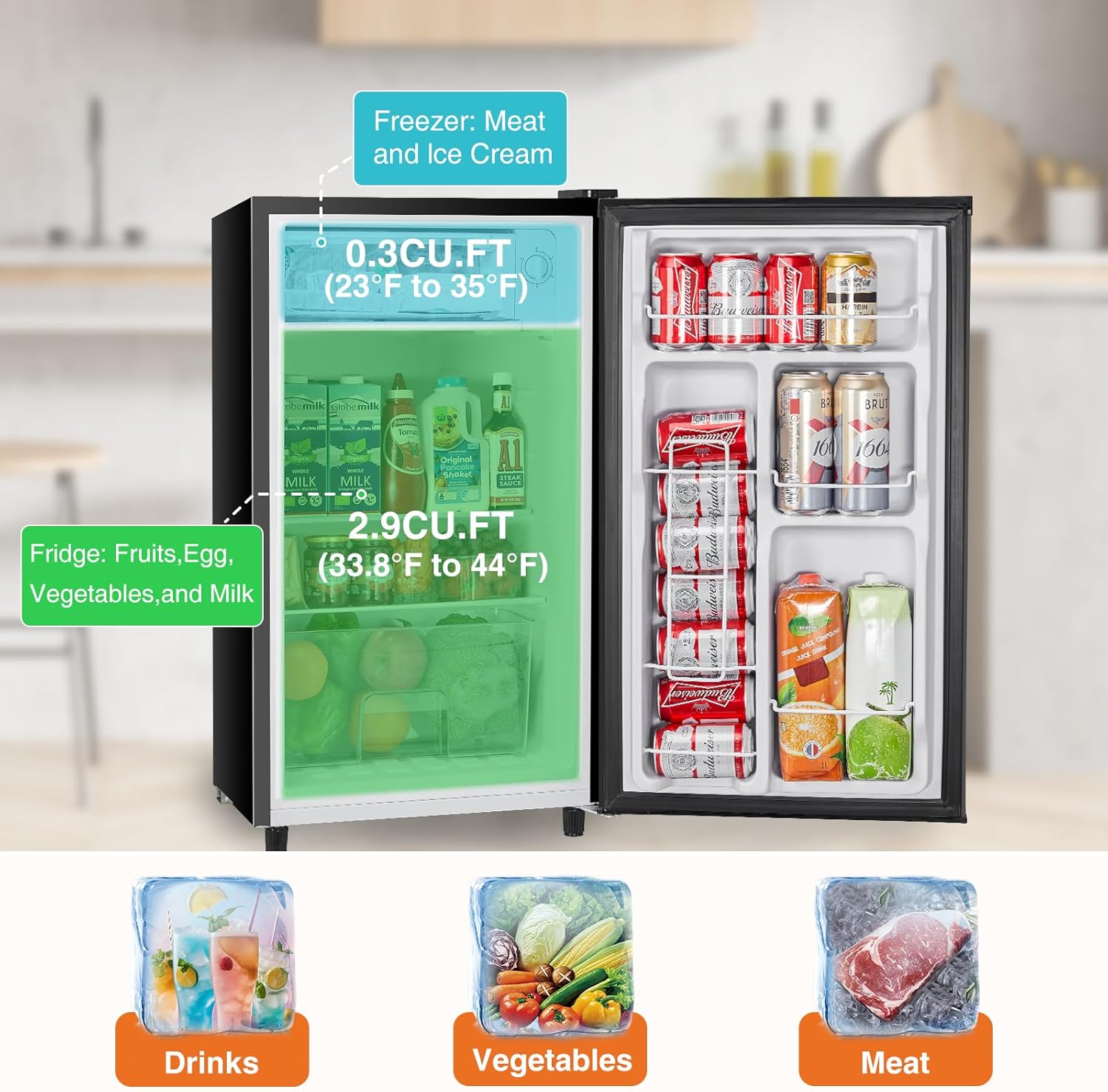 Sweetcrispy 3.2 Cu.Ft Mini Fridge with Freezer Small Refrigerator Single Door Adjustable Thermostat Energy-efficient Low Noise, Compact Fridge for Bedroom, Office, Dorm (Black) wourant