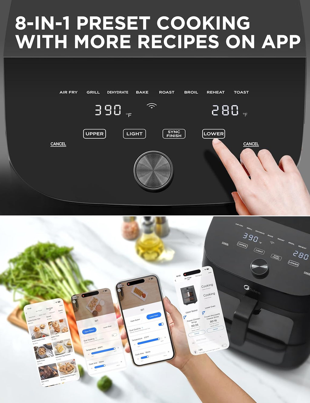 Dual Basket Air Fryer Oven 11 Quart 8 in 1 Functions Clear Window Smart Sync Finish wourant