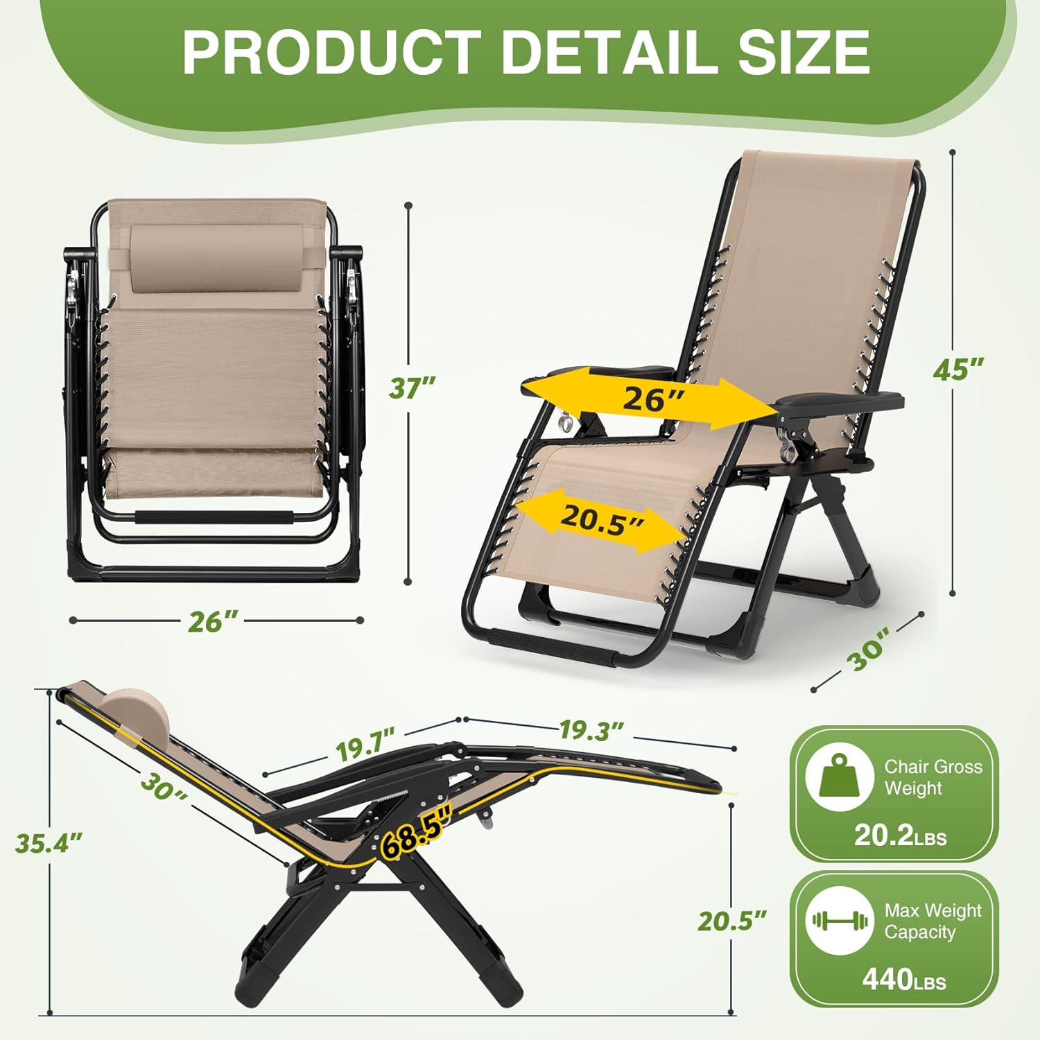 Indoor and outdoor patio chair folding lounge chair zero gravity chair with removable cushion camping lounge chair wourant