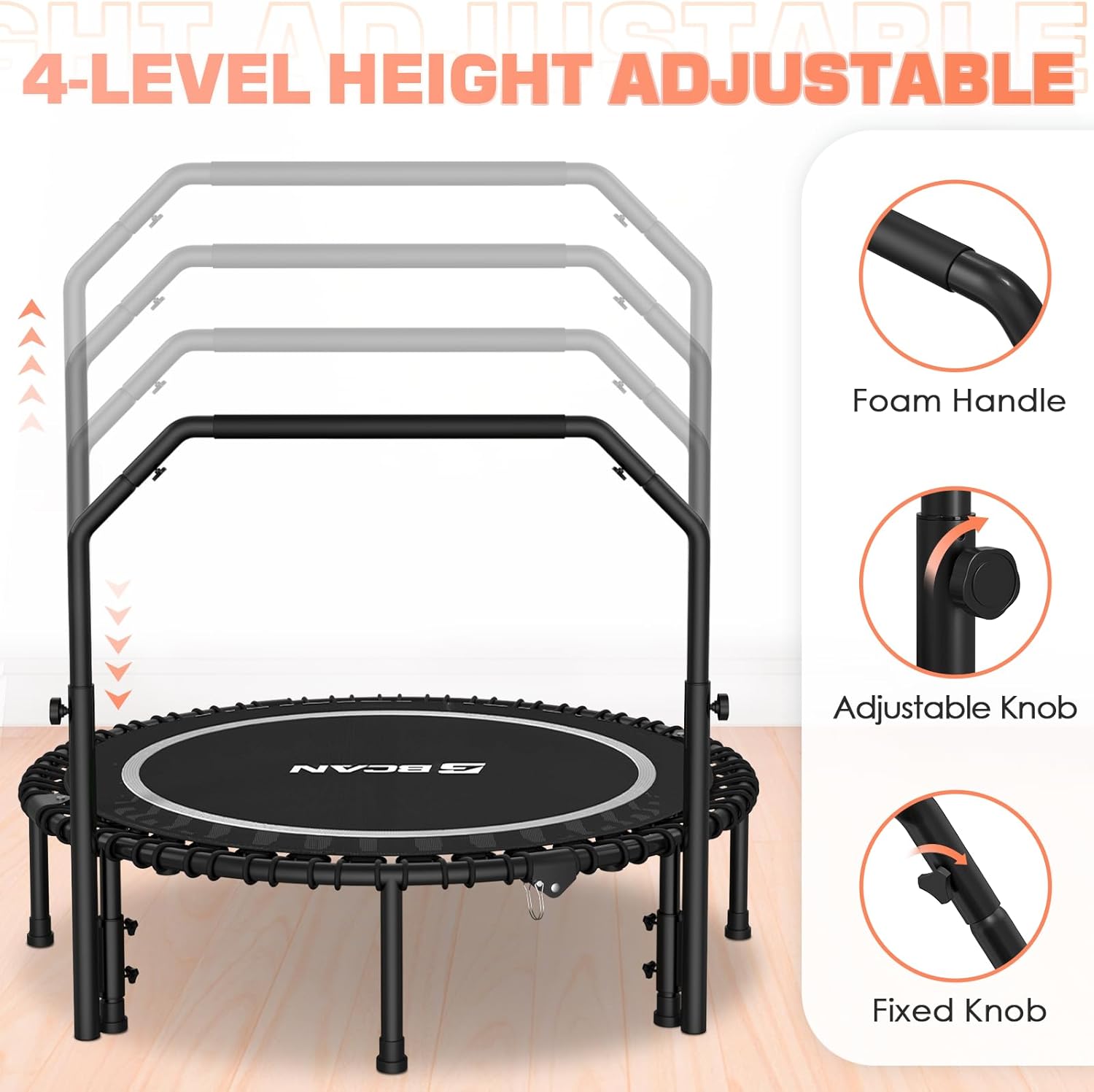 BCAN 450/550 LBS Foldable Mini Trampoline, 40"/48" Fitness Trampoline with Bungees, U Shape Adjustable Foam Handle, Stable & Quiet Exercise Rebounder for Adults Indoor/Outdoor Workout wourant