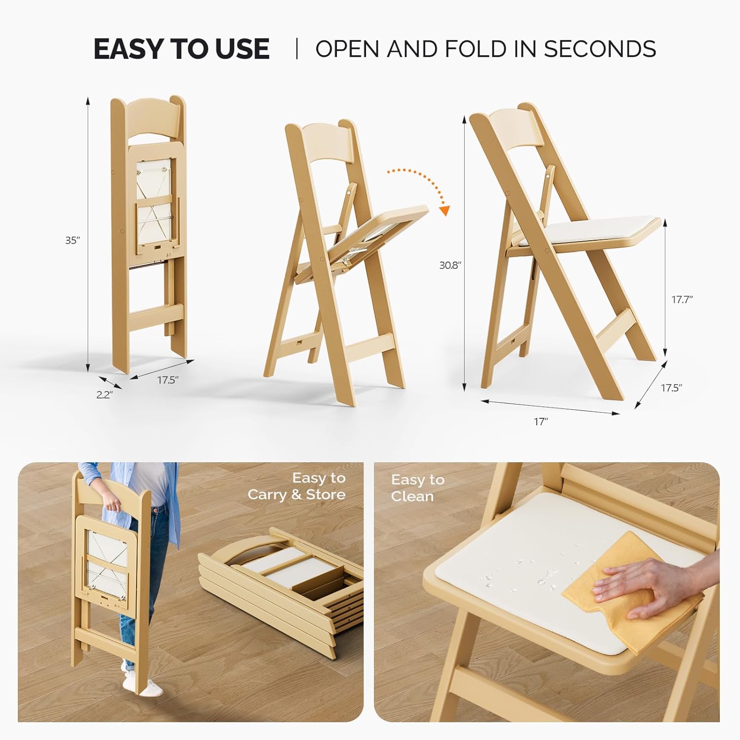 VINGLI Resin Folding Chair with Cushion Foldable Plastic Chair with Comfortable Cushioned Seat wourant