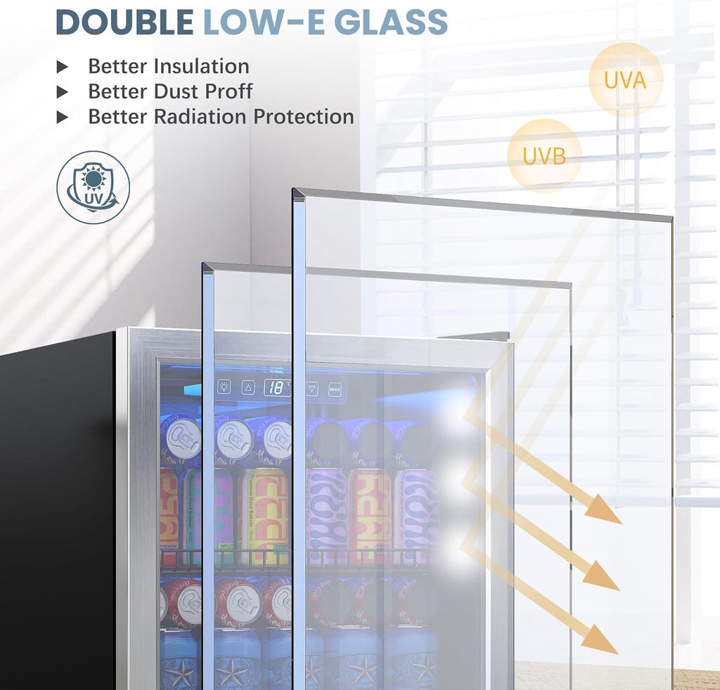 Beverage Refrigerator Cooler-120 Cans Freestanding Mini Fridge Cooler with Glass Door wourant