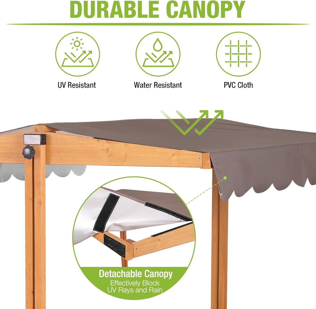 Kids Wooden Outdoor Sandbox w/Canopy, 2 Foldable Bench Seats, Retractable Roof Sand Protection Liner 47x47-Inch wourant